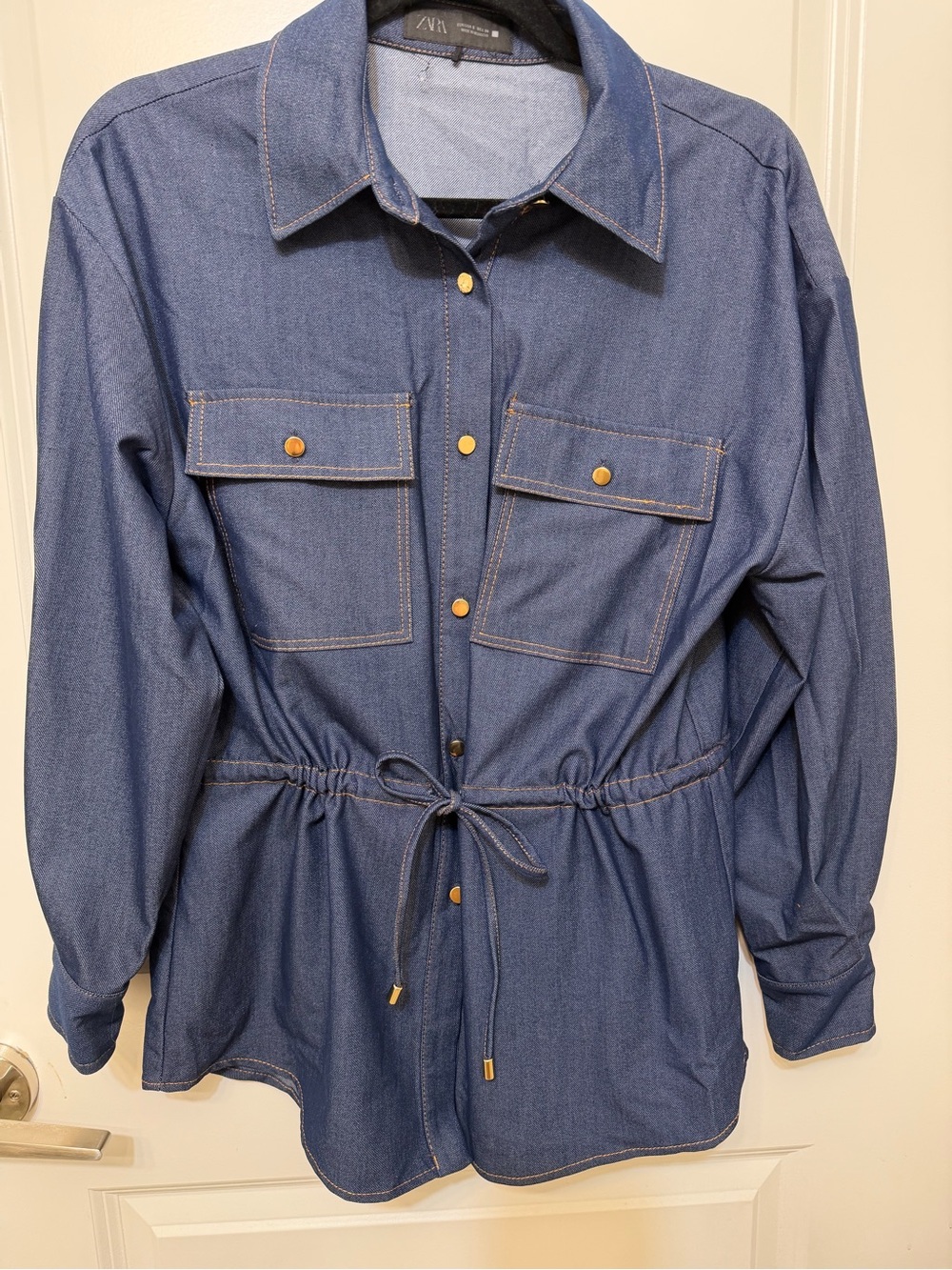 Zara Dark Blue Denim Drawstring-Waist Jacket